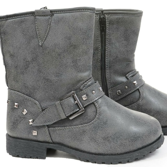 Grey Studded Buckles Combat Boots Girls Zipper - Picture 3 of 4